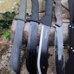 Lot de 4 Couteau Machette Bowie Trekking Alaska Lame Acier 3Cr13 Manche Abs Etui Nylon Survie Treck