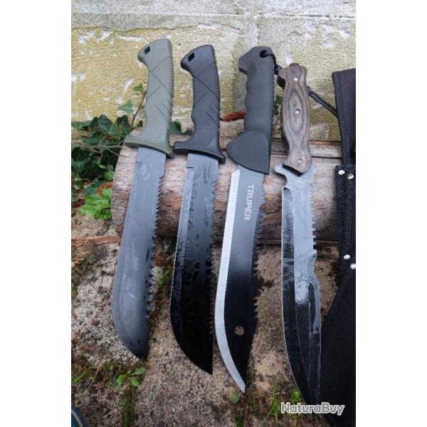 Lot de 4 Couteau Machette Bowie Trekking Alaska Lame Acier 3Cr13 Manche Abs Etui Nylon Survie Treck