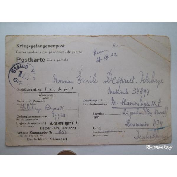 document lettre prisonnier 1942 stammlager VI A Stalag Rhnanie-du-Nord-Westphalie.