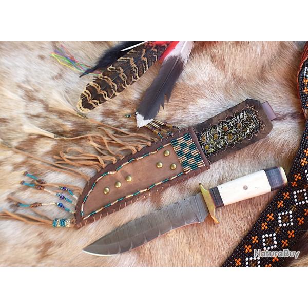 couteau bowie lame damas et fourreau western trappeur indien