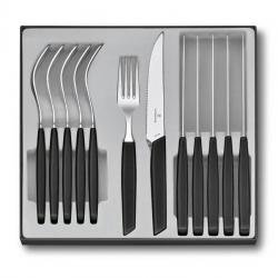 BEL1881 MENAGERES VICTORINOX "SWISS MODER" 12 PIECES MANCHE NOIR 6 COUTEAUX 6 FOURCHETTES NEUF