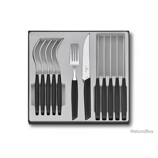 BEL1881 MENAGERES VICTORINOX "SWISS MODER" 12 PIECES MANCHE NOIR 6 COUTEAUX 6 FOURCHETTES NEUF