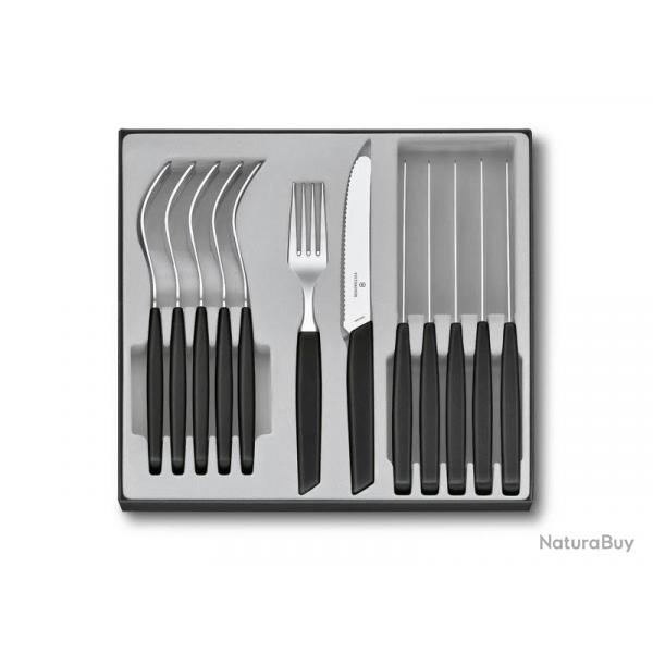 BEL1882 MENAGERE VICTORINOX "SWISS MODERN" 12 PIECES MANCHE NOIR 6 COUTEAUX 6 FOURCHETTES NEUF