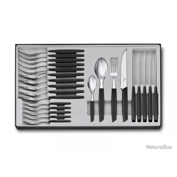 BEL1883 MENAGERE VICTORINOX "SWISS MODERN" 24 PIECES COUTEAUX, CUILLERES.. MANCHE NOIR NEUF