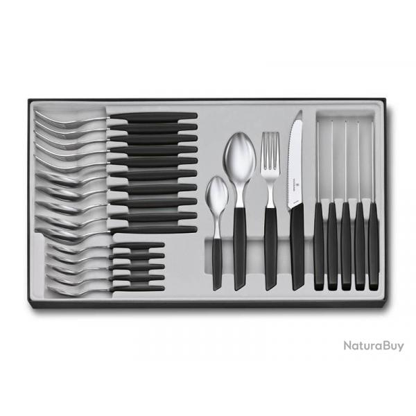 BEL1884 MENAGERE VICTORINOX "SWISS MODERN" 24 PIECES COUTEAUX, FOURCHETTES... MANCHE NOIR NEUF