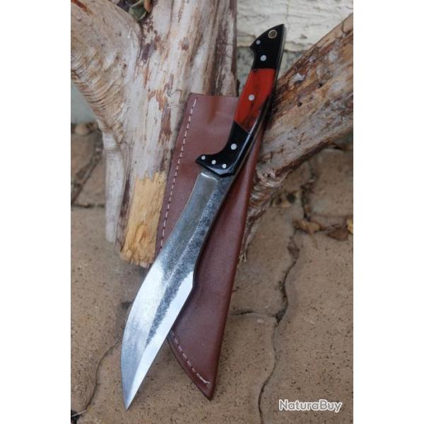 Couteau de Gaucho Argentin Bowie Lame Acier Carbone 1075 Etui Cuir Manche Rsine Fabric Artisanale