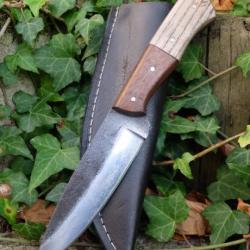 Poignard Bushcraft Couteau de Chasse Survie Lame Carbone 1075 Manche 2Bois Etui Cuir Fabr Artisanale