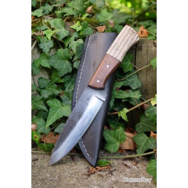 Poignard Bushcraft Couteau de Chasse Survie Lame Carbone 1075 Manche 2Bois Etui Cuir Fabr Artisanale