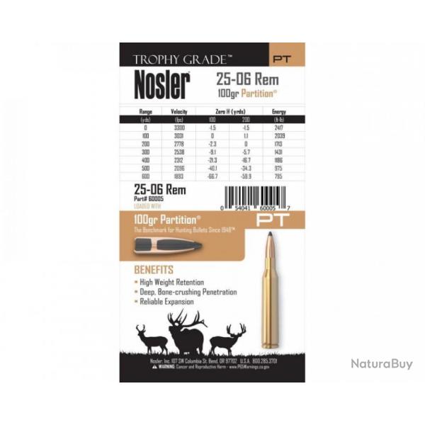 20 Cartouches NOSLER TGA Cal 25-06 Rem 100gr PT SP