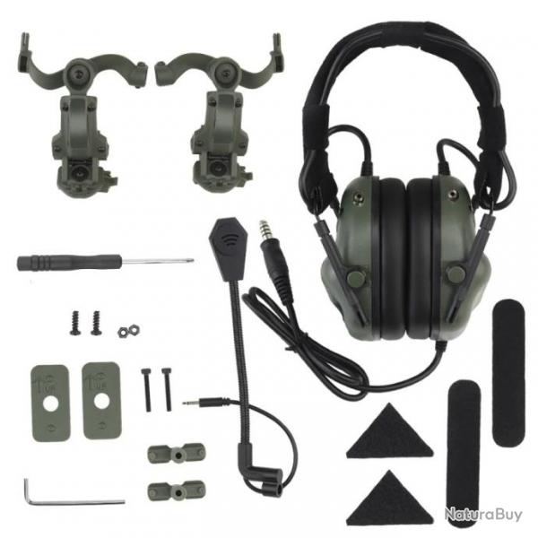 Casque tactique + avec U94 PTT 2pin avec adaptateur de rail ARC VERT  LIVRAISON GRATUITE