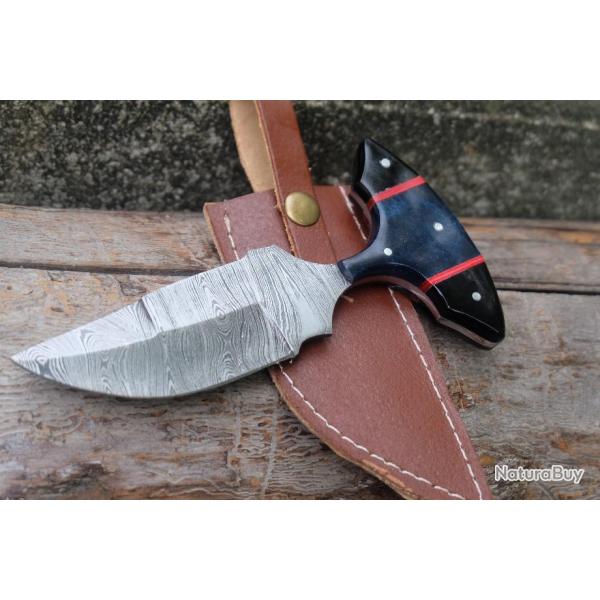 Push Dagger Lame Acier Damas 256 Couches Manche Rsine Etui CUir Fabrication Artisanale