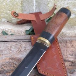 Puukko Seax Couteau Lame Black Carbone 1055 Bowie Manche Bois Rosewood Fabric Artisanale Etui Cuir