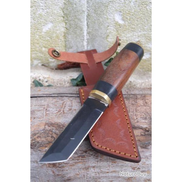 Puukko Seax Couteau Lame Black Carbone 1055 Bowie Manche Bois Rosewood Fabric Artisanale Etui Cuir