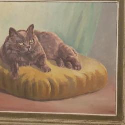 Tr&egrave;s belle peinture sur toile sign&eacute; Margarot avec date et lieu de r&eacute;alisation " chat sur coussin "
