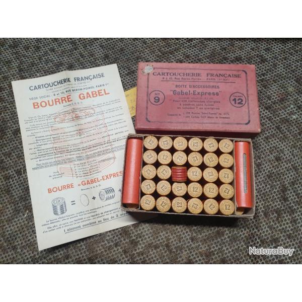 boite ancienne CARTOUCHERIE FRANAISE modle N9 de 100 bourres GABEL calibre 12 d'paisseur 17mm