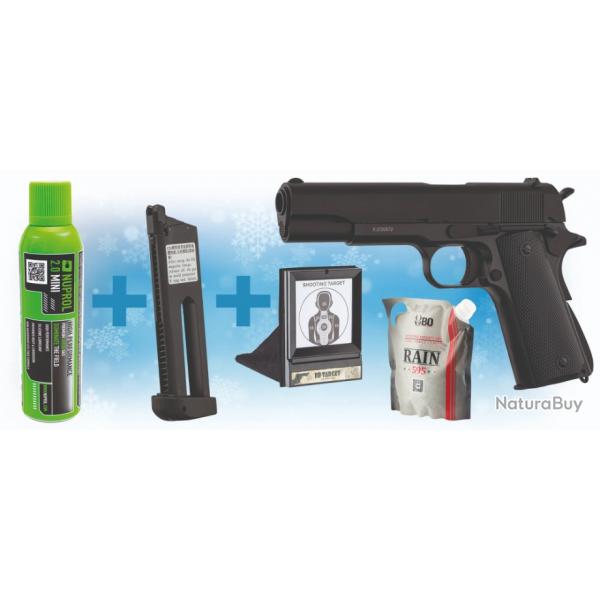 Pack de Noel 1911 GBB KJ Works + Gaz + billes + chargeur + cible filet