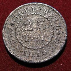 Belgique piece de 25 centimes (belgique zing ) 1916 tb