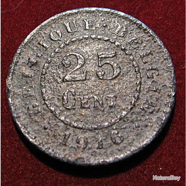 Belgique piece de 25 centimes (belgique zing ) 1916 tb