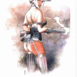 winchester 73 sexy pin up belle jeune fille seins nus  western cow boy GIRL  ex libris  signé Girod