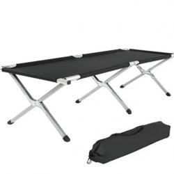 Lit de Camp Pliable avec Cadre en Aluminium et Sac de Transport - 190x70x45 cm - Noir