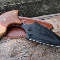 Couteau Push Dagger Lame Acier Carbone 1055 Black Manche 2 Bois Etui CUir Fabric Artisanale 001