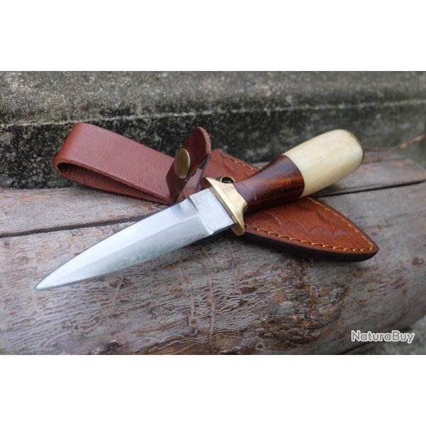 Poignard Couteau Dague Lame Acier Carbone 1055 Manche Bois&Os Etui Cuir Fabrication Artisanale