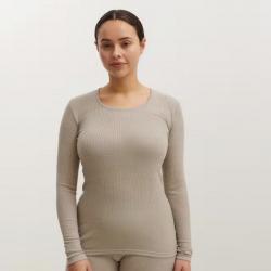 Haut femme col rond pure laine mérinos côtelé beige sable