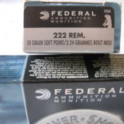 2 boites de  cartouches  Federal + 1 boite de Rémington: 222 REM 50 GRAINS