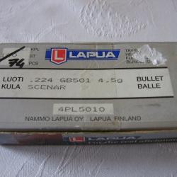 74 : ogives Lapua Scenar cal .224 en 69 grains (réf 4PL5010)