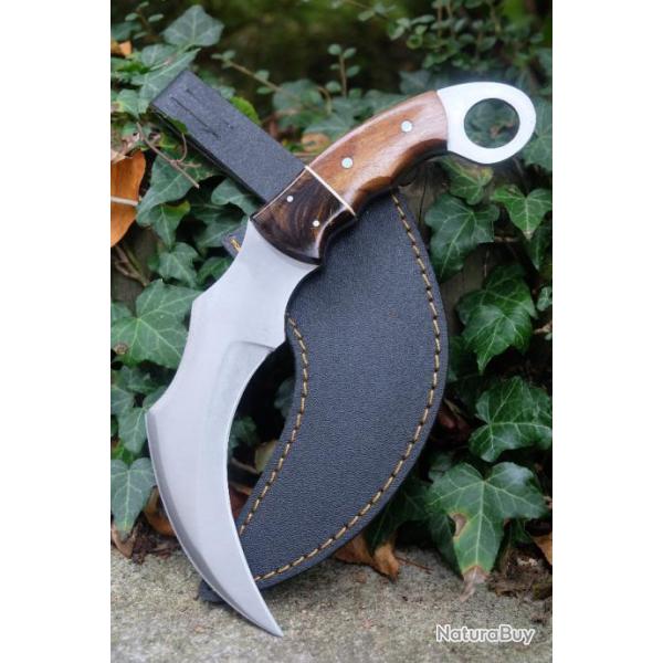 Couteau Karambit Lame Acier Carbone 1055 Manche Bois/Rsine Etui Nylon Fabrication Artisanale