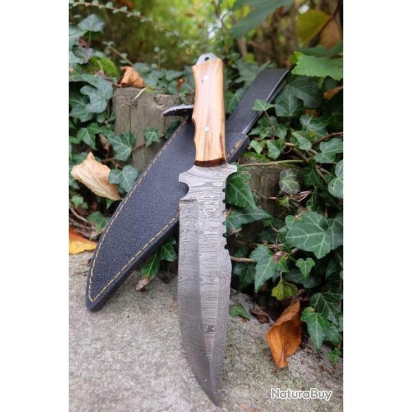 Couteau Tactical Damas Lame Drop Point 256 Couches Manche Olivier Fabrication Artisanale Etui Nylon