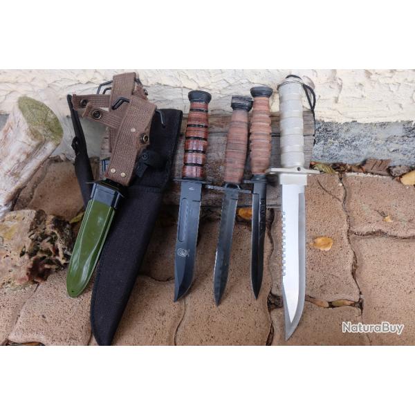 Lot de 4 Couteau Baonnette/Survie/Tactical Army Rangers Ops Lame Acier Carbone Manche Cuir Acier