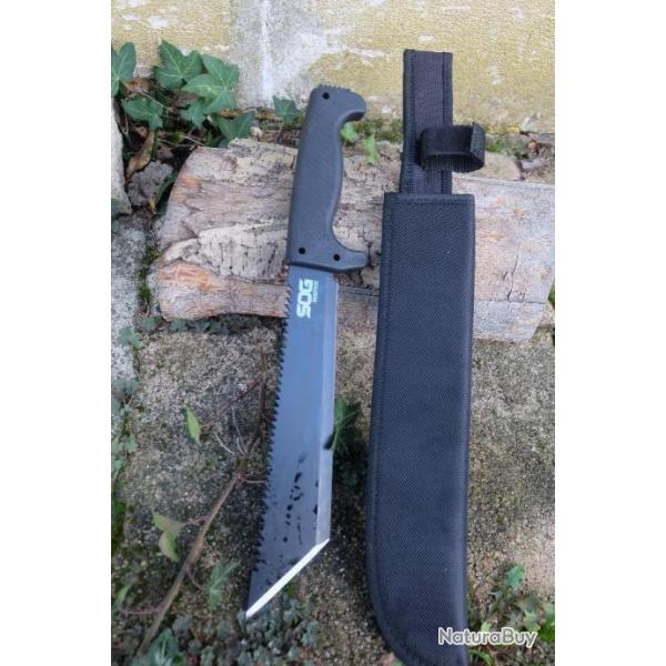 Couteau Bowie Machette SOG Lame Tanto Black Acier 3Cr13 Manche ABS Brise Noix De Coco Etui Nylon