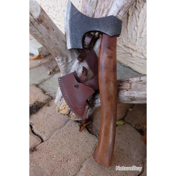 Grande Hache De Viking Tomahawk Lame Acier Carbone Manche Bois Etui Cuir Fabrication Artisanale