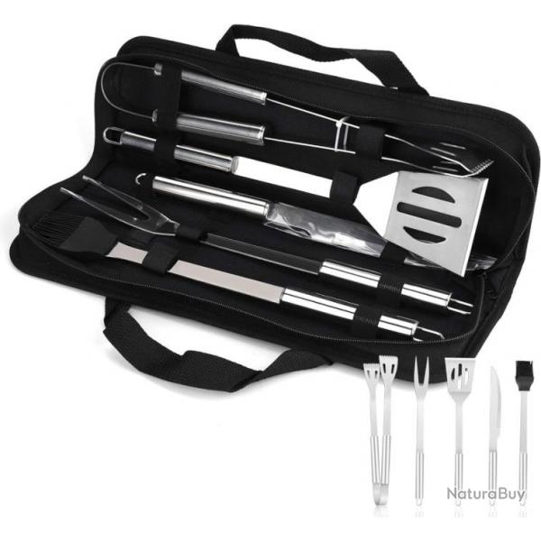 Kit Barbecue 5 Pices avec Pince, Pelle, Couteau, Fourchette, Brosse en Silicone et Sac de Transport