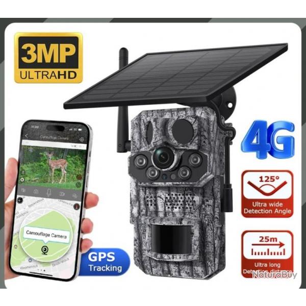 Camra de Chasse Solaire tanche 4G avec GPS Intelligent  avec GPS PIR Batterie Intgre 7800mAh