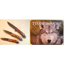 canifs et couteau dans une boite métallique ornée d'une tête de loup TIMBER WOLF EBR24CAN006