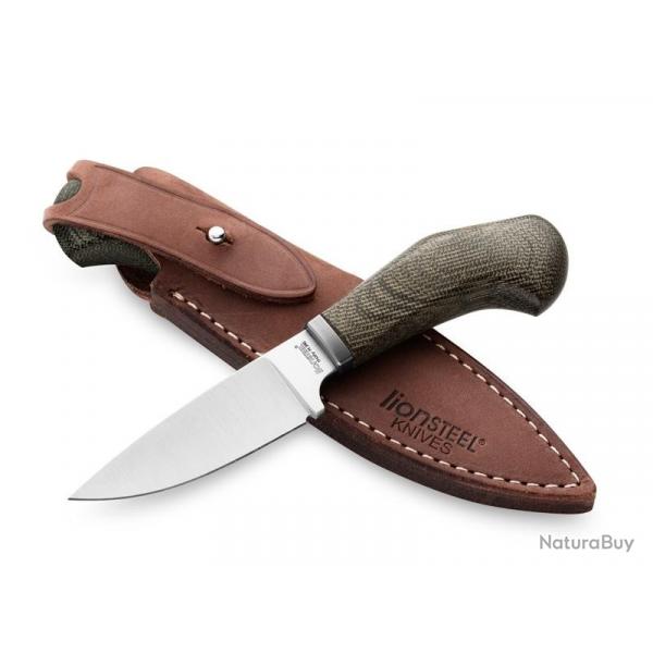 BEL1981 POIGNARD LIONSTEEL "WILLY" LAME 6.5CM ACIER BOHLER MANCHE MICARTA VERT + ETUI CUIR NEUF