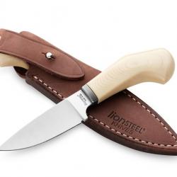 BEL1982 POIGNARD LIONSTEEL "WILLY" LAME 6.5CM ACIER BOHLER MANCHE MICARTA BLANC + ETUI CUIR NEUF