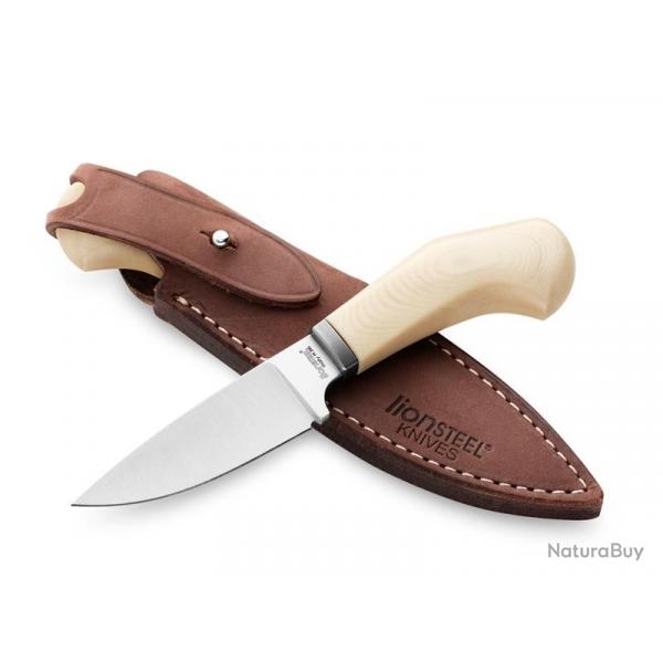 BEL1982 POIGNARD LIONSTEEL "WILLY" LAME 6.5CM ACIER BOHLER MANCHE MICARTA BLANC + ETUI CUIR NEUF