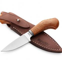 BEL1983 POIGNARD LIONSTEEL "WILLY" LAME 6.5CM ACIER BOHLER MANCHE MICARTA NATUREL + ETUI CUIR NEUF