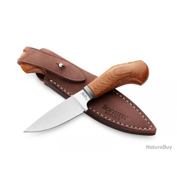 BEL1983 POIGNARD LIONSTEEL "WILLY" LAME 6.5CM ACIER BOHLER MANCHE MICARTA NATUREL + ETUI CUIR NEUF