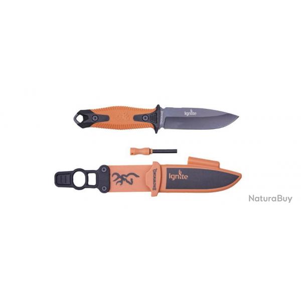 Couteau Browning Ignite Lame Fixe Noir / Orange + Pierre  Feu - Ide cadeau