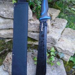 Couteau Bowie Machette Guide d'Amazonie Lame Acier 3Cr13 Manche ABS Black & Blue Etui Nylon 001