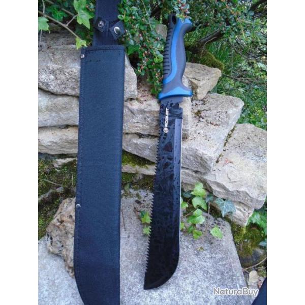 Couteau Bowie Machette Guide d'Amazonie Lame Acier 3Cr13 Manche ABS Black & Blue Etui Nylon 001