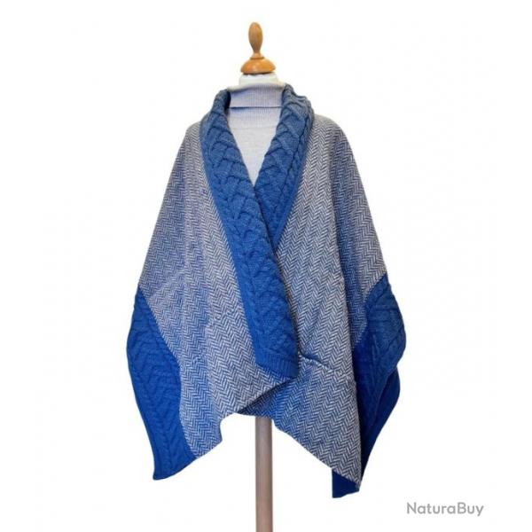 Poncho femme tweed Donegal et laine Merino - Bleu M/L