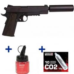 Pack Airsoft Colt 1911 Full Métal avec silencieux Co2