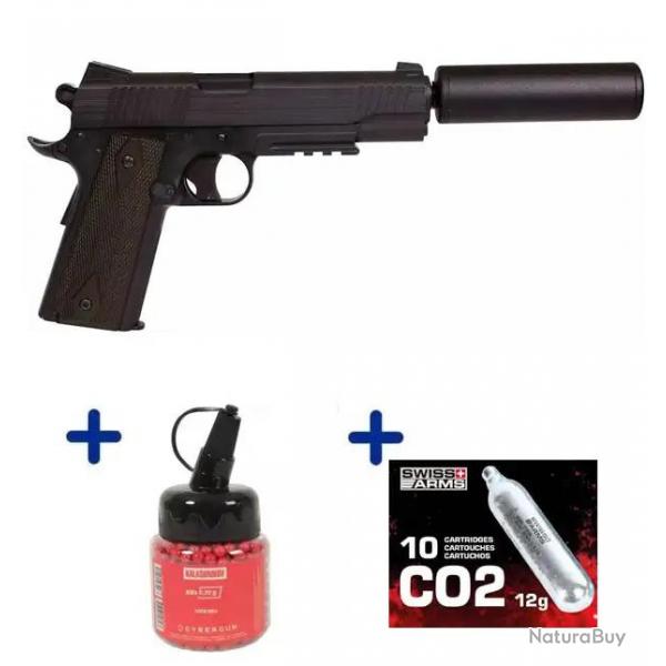 Pack Airsoft Colt 1911 Full Mtal avec silencieux Co2