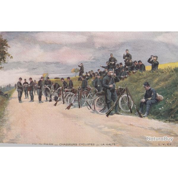 CPA - EN GUERRE-CHASSEURS CYCLISTES -LA HALT N709