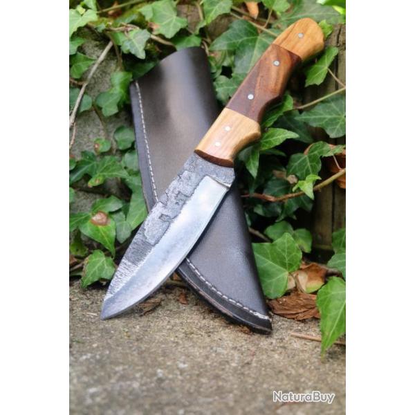 Poignard Bushcraft Couteau de Chasse Survie Lame Carbone 1075 Manche Bois Etui Cuir Fabr ArtisanatB1